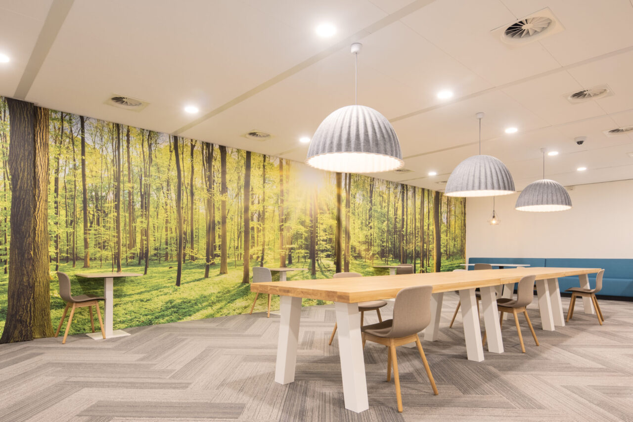 Gesloten wand met wallcover afbeelding bos in stilte ruimte met systeemplfond